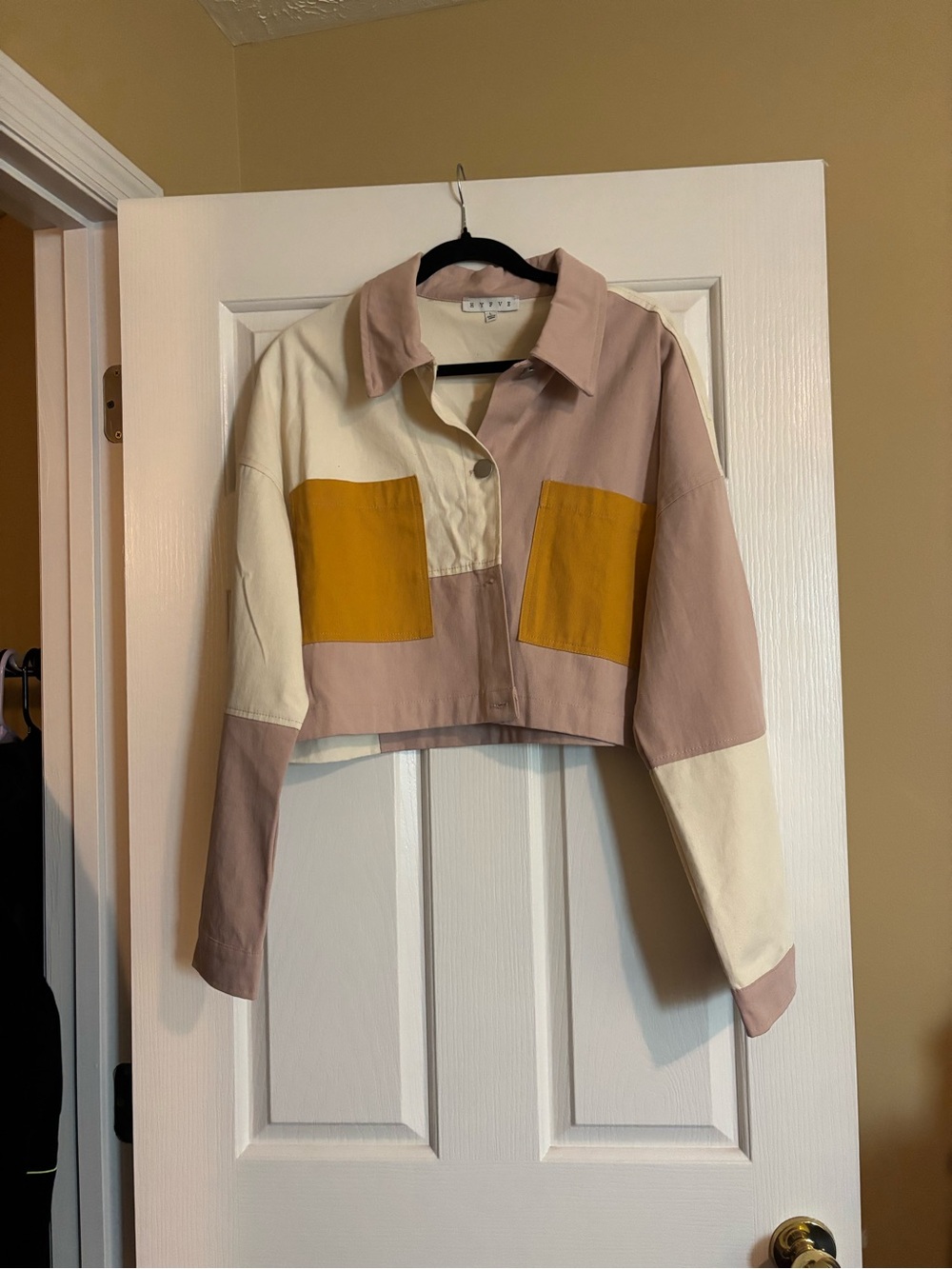 HYFVE Colorblock Cropped Jean Jacket in Mauve, Cream & Mustard